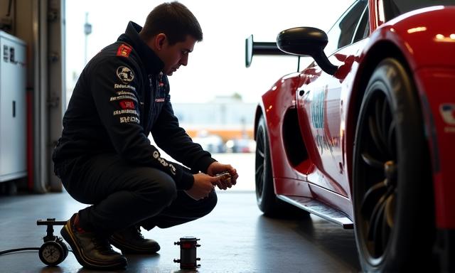 Pilota che controlla la pressione delle gomme