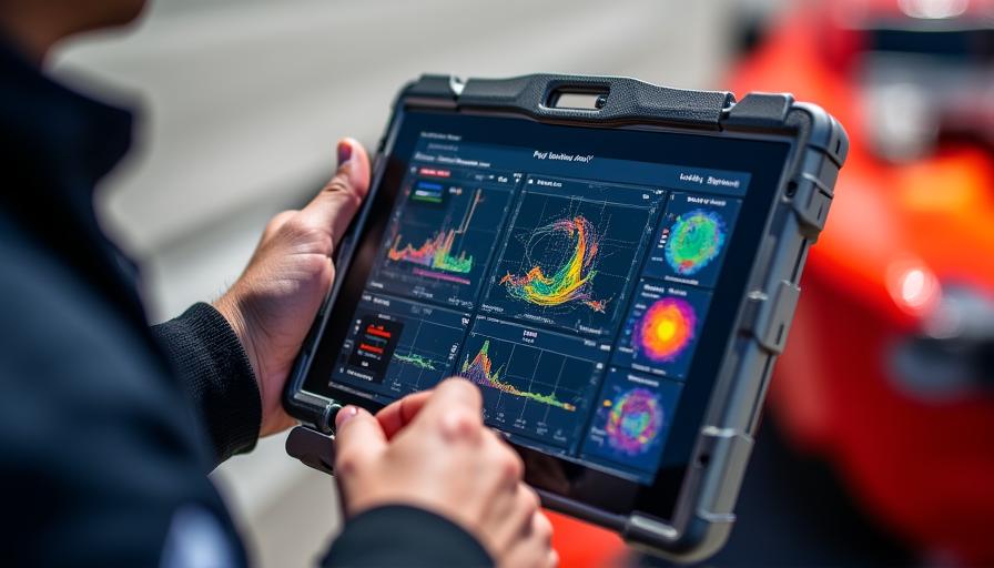 Ingegnere di Nebula Velocity analizza grafici su tablet professionale in pit lane
